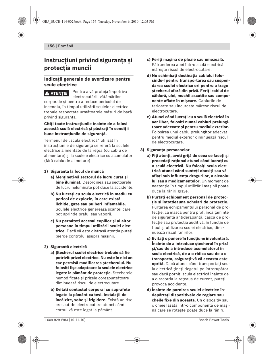 Instrucţiuni privind siguranţa şi protecţia muncii | Bosch GDB 2500 WE Professional User Manual | Page 156 / 270