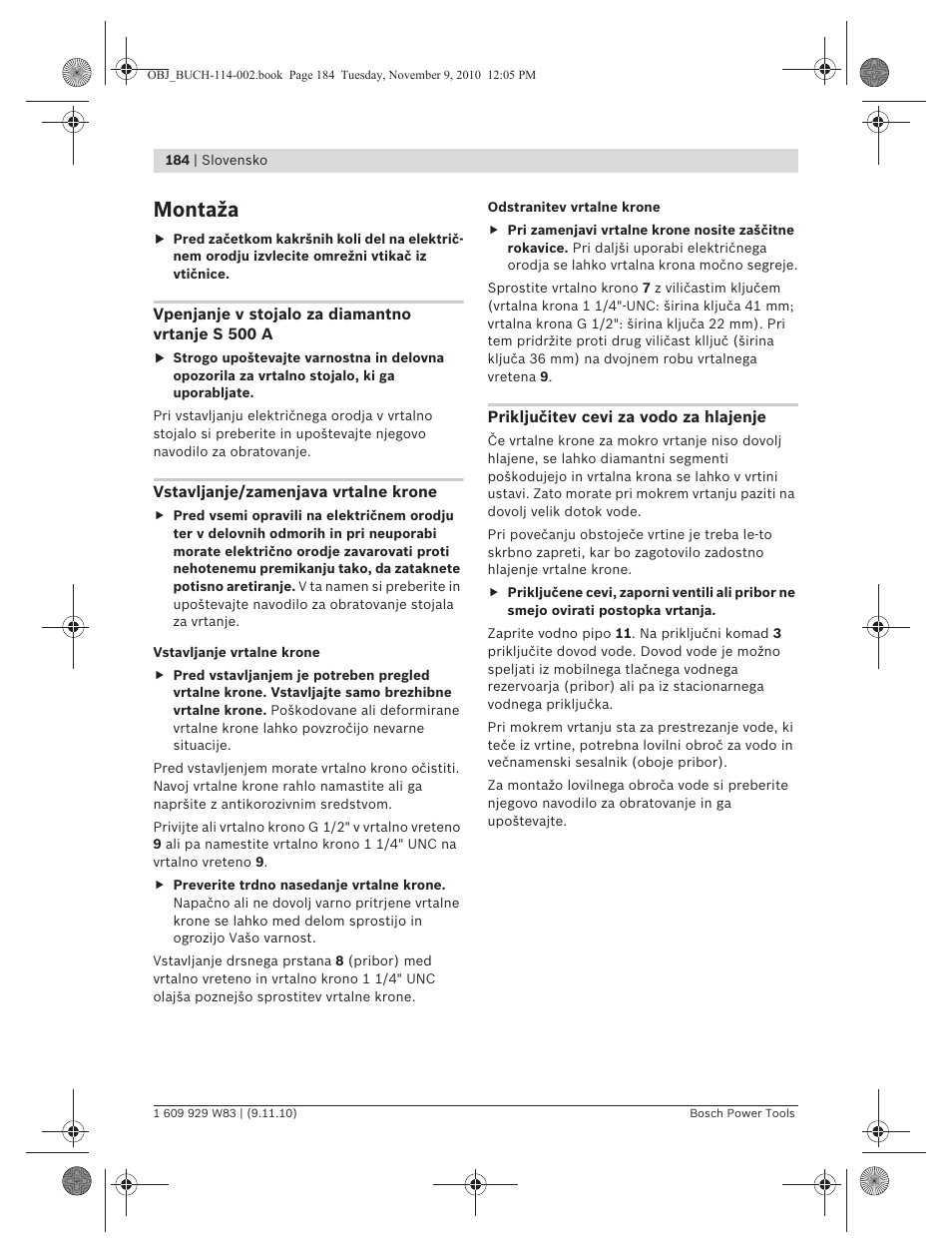 Montaža | Bosch GDB 2500 WE Professional User Manual | Page 184 / 270