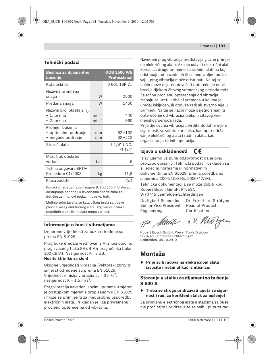 Montaža | Bosch GDB 2500 WE Professional User Manual | Page 191 / 270