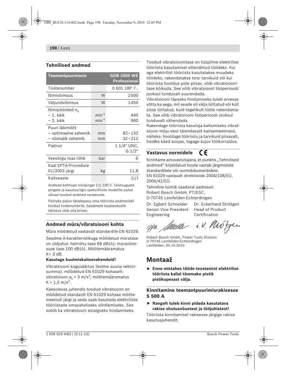 Montaaž | Bosch GDB 2500 WE Professional User Manual | Page 198 / 270