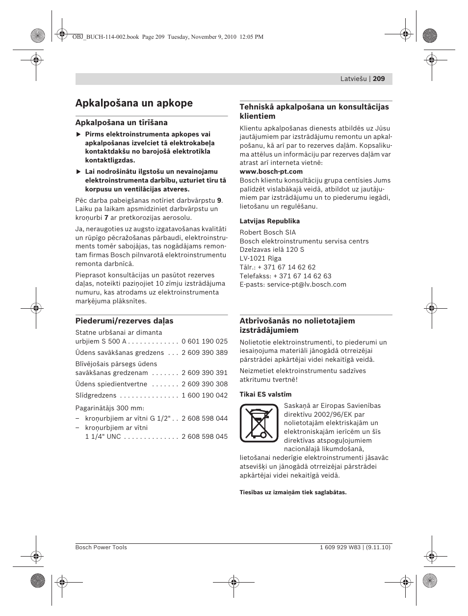 Apkalpošana un apkope | Bosch GDB 2500 WE Professional User Manual | Page 209 / 270