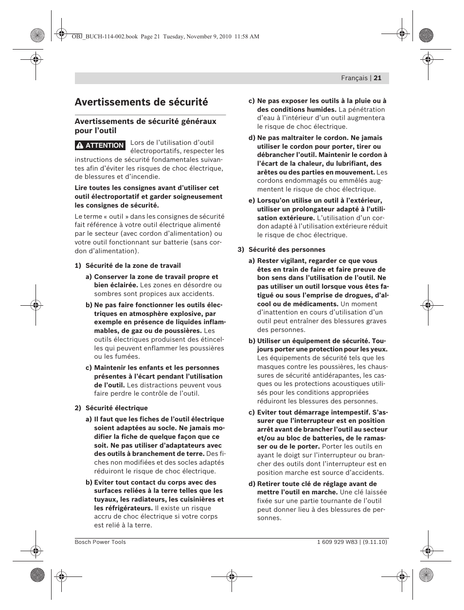 Avertissements de sécurité | Bosch GDB 2500 WE Professional User Manual | Page 21 / 270