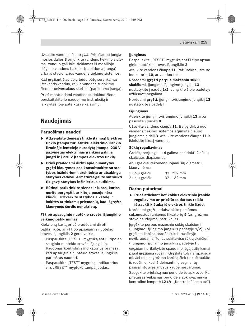 Naudojimas | Bosch GDB 2500 WE Professional User Manual | Page 215 / 270