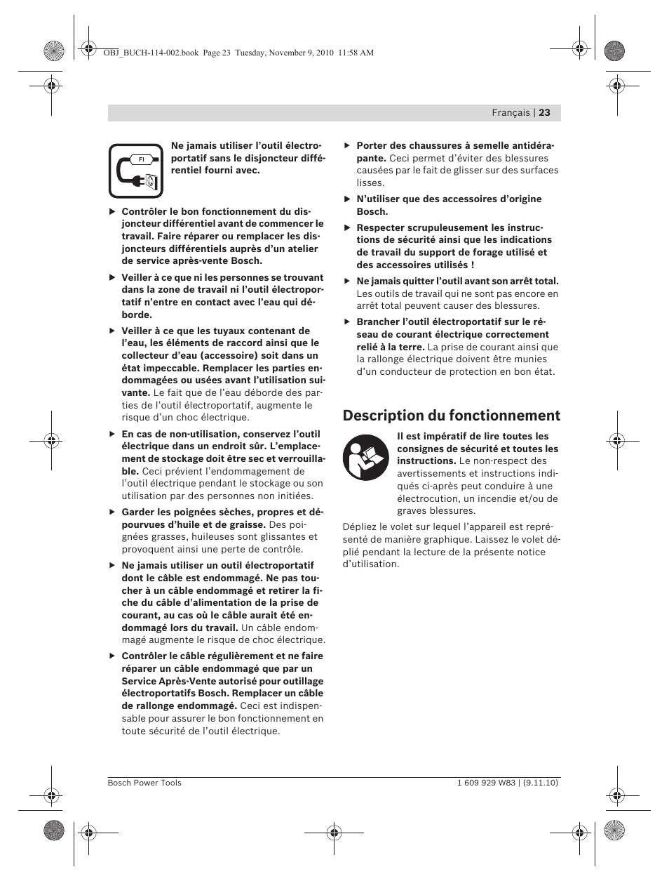 Description du fonctionnement | Bosch GDB 2500 WE Professional User Manual | Page 23 / 270