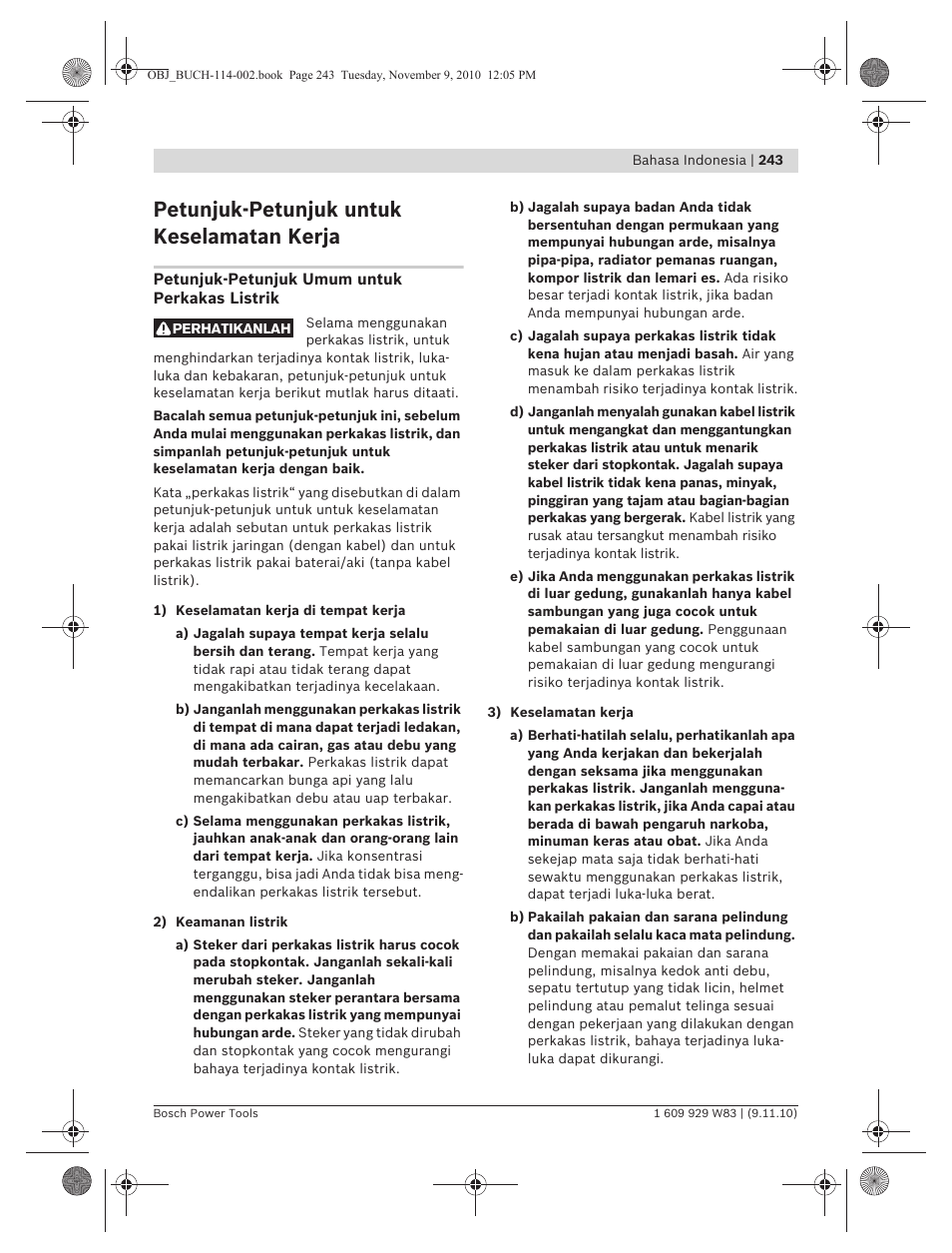 Petunjuk-petunjuk untuk keselamatan kerja | Bosch GDB 2500 WE Professional User Manual | Page 243 / 270