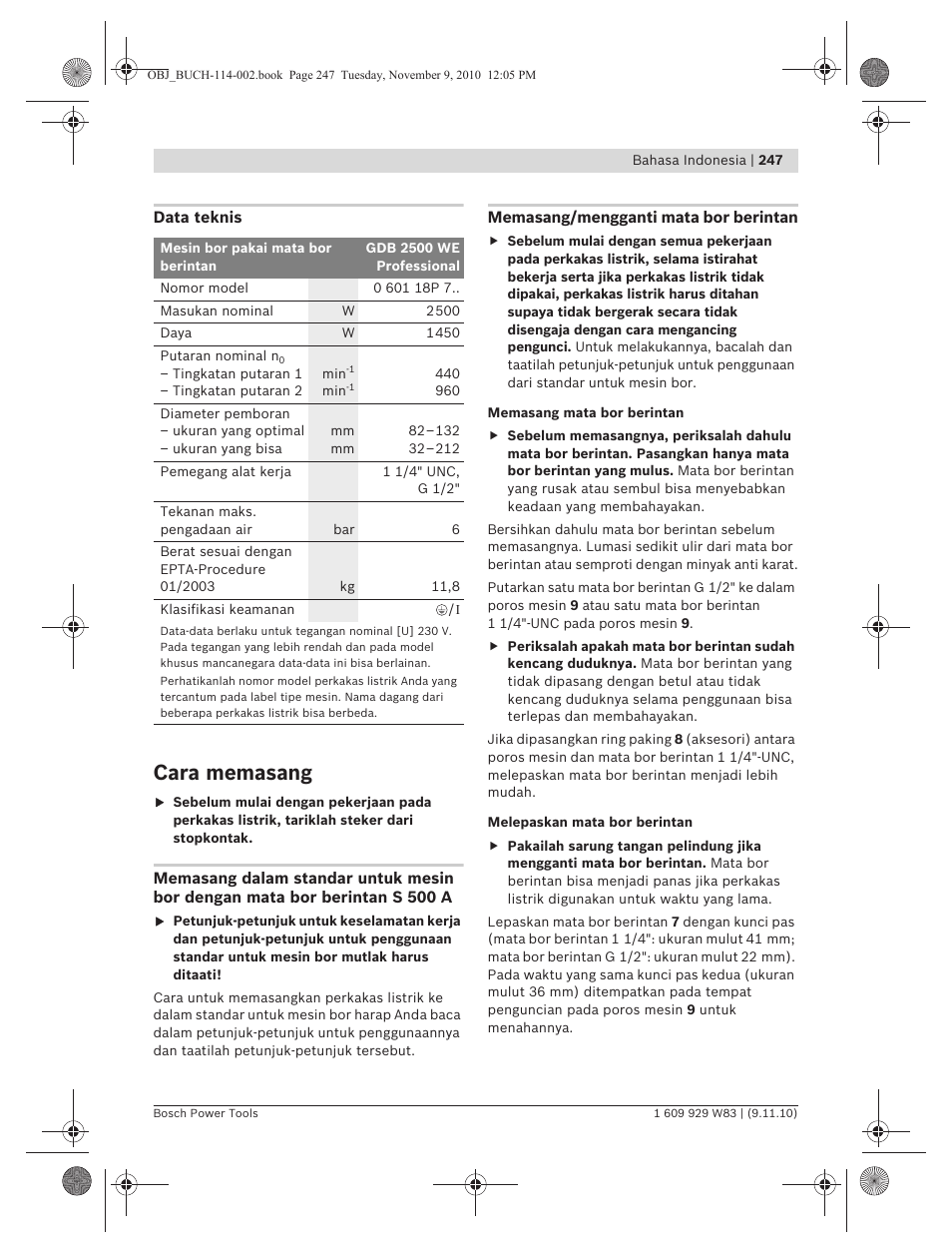 Cara memasang | Bosch GDB 2500 WE Professional User Manual | Page 247 / 270