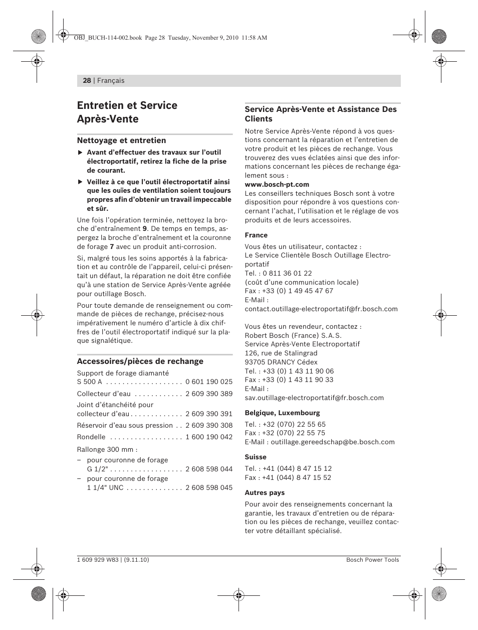 Entretien et service après-vente | Bosch GDB 2500 WE Professional User Manual | Page 28 / 270