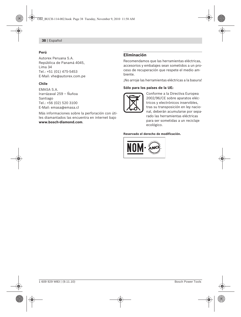 Eliminación, 38 | español, Reservado el derecho de modificación | Bosch GDB 2500 WE Professional User Manual | Page 38 / 270