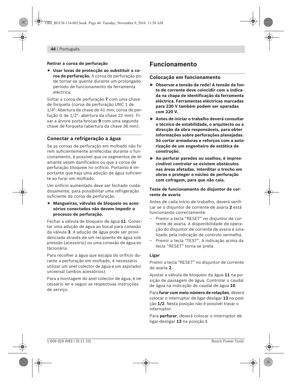 Funcionamento | Bosch GDB 2500 WE Professional User Manual | Page 44 / 270