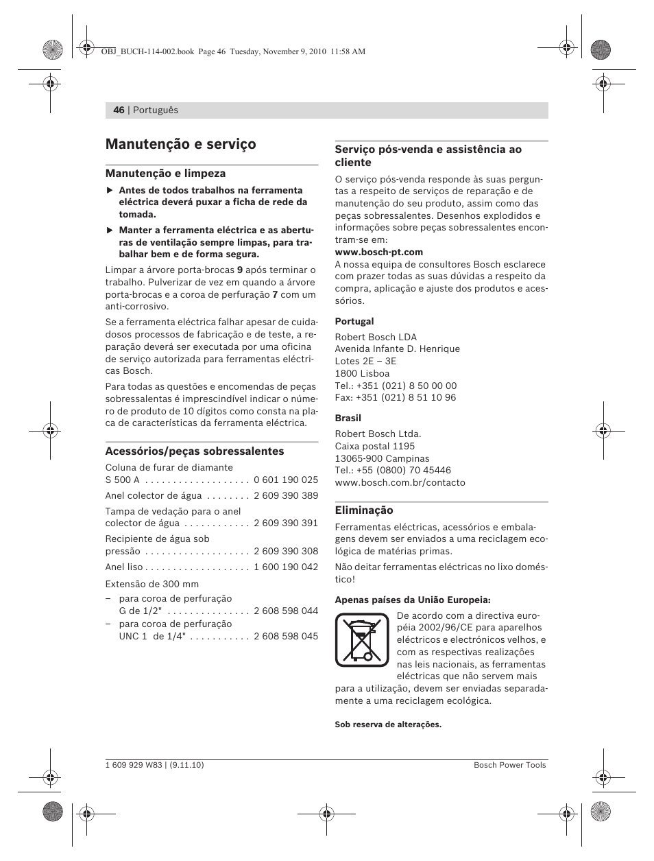 Manutenção e serviço | Bosch GDB 2500 WE Professional User Manual | Page 46 / 270