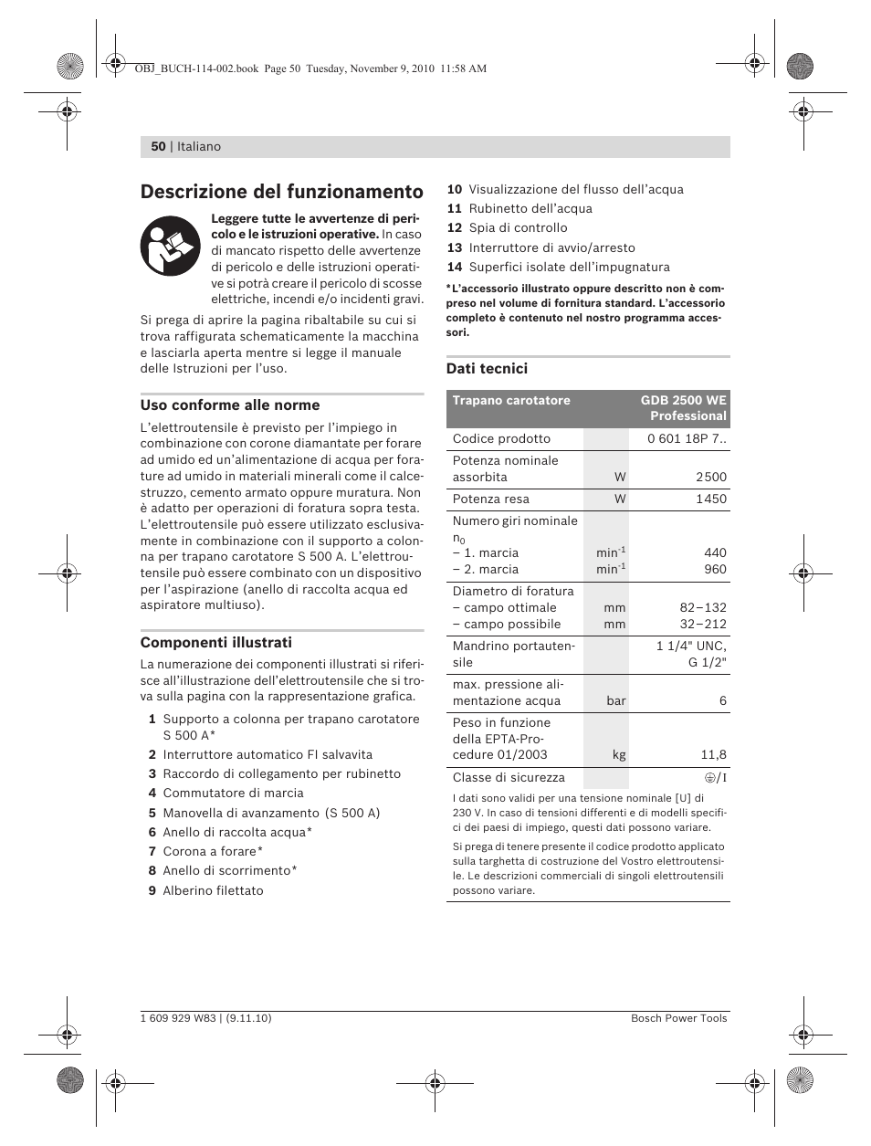 Descrizione del funzionamento | Bosch GDB 2500 WE Professional User Manual | Page 50 / 270