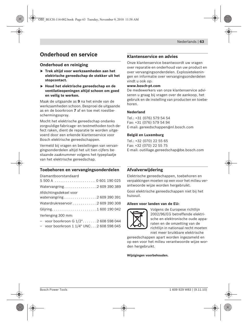 Onderhoud en service | Bosch GDB 2500 WE Professional User Manual | Page 63 / 270