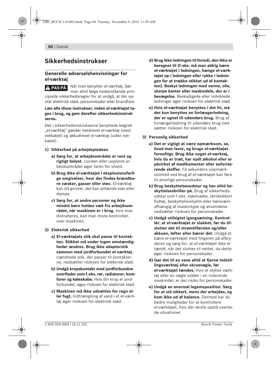 Sikkerhedsinstrukser | Bosch GDB 2500 WE Professional User Manual | Page 64 / 270