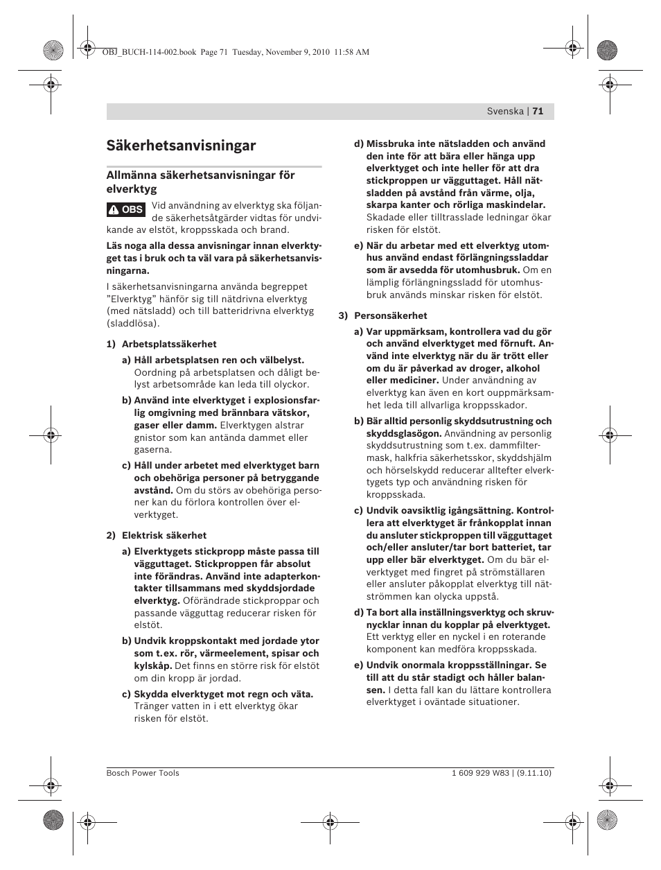 Säkerhetsanvisningar | Bosch GDB 2500 WE Professional User Manual | Page 71 / 270