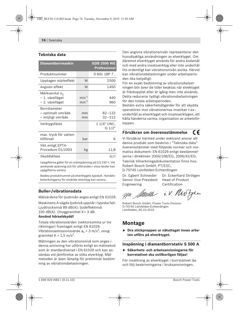 Montage | Bosch GDB 2500 WE Professional User Manual | Page 74 / 270