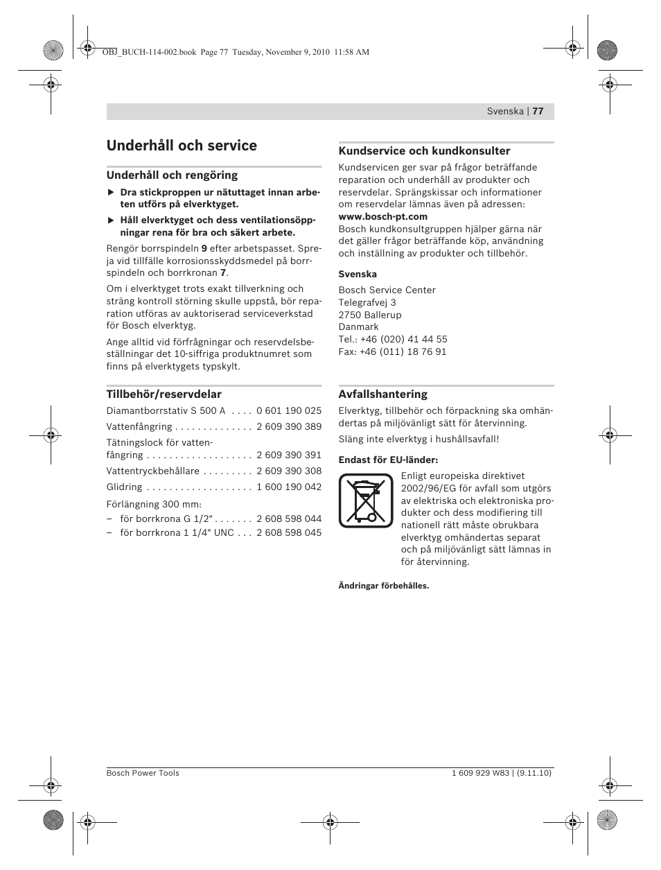 Underhåll och service | Bosch GDB 2500 WE Professional User Manual | Page 77 / 270