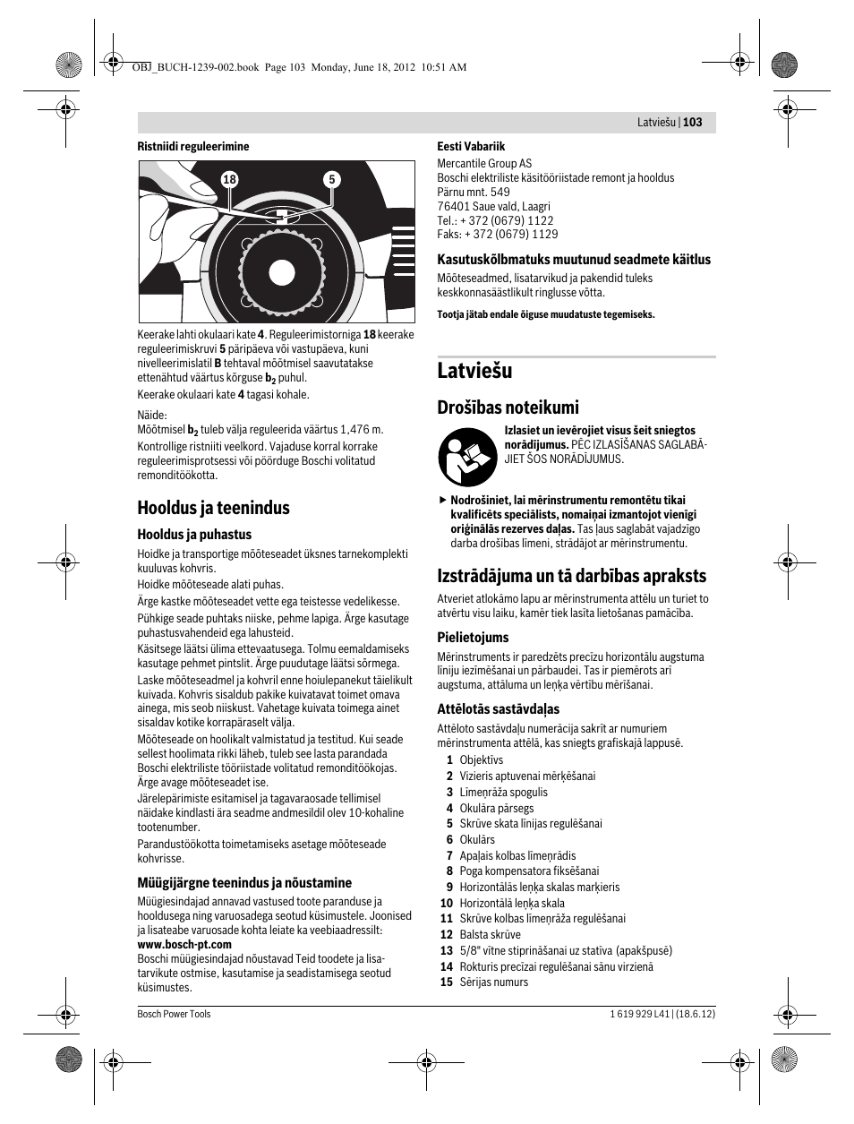 Latviešu, Hooldus ja teenindus, Izstrādājuma un tā darbības apraksts | Bosch GOL Professional 20 D User Manual | Page 103 / 144