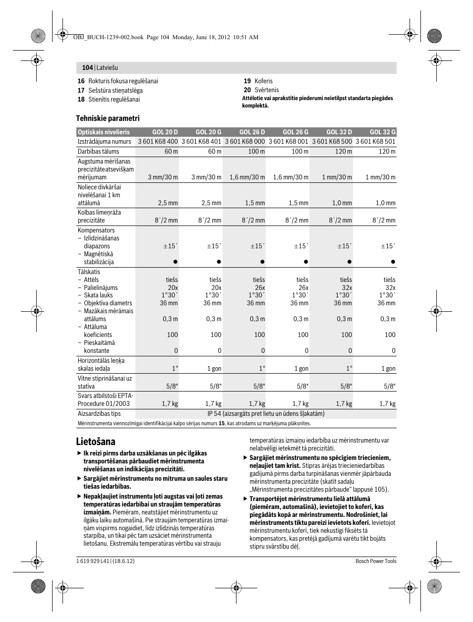 Lietošana | Bosch GOL Professional 20 D User Manual | Page 104 / 144
