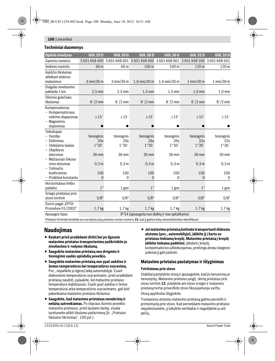 Naudojimas | Bosch GOL Professional 20 D User Manual | Page 108 / 144