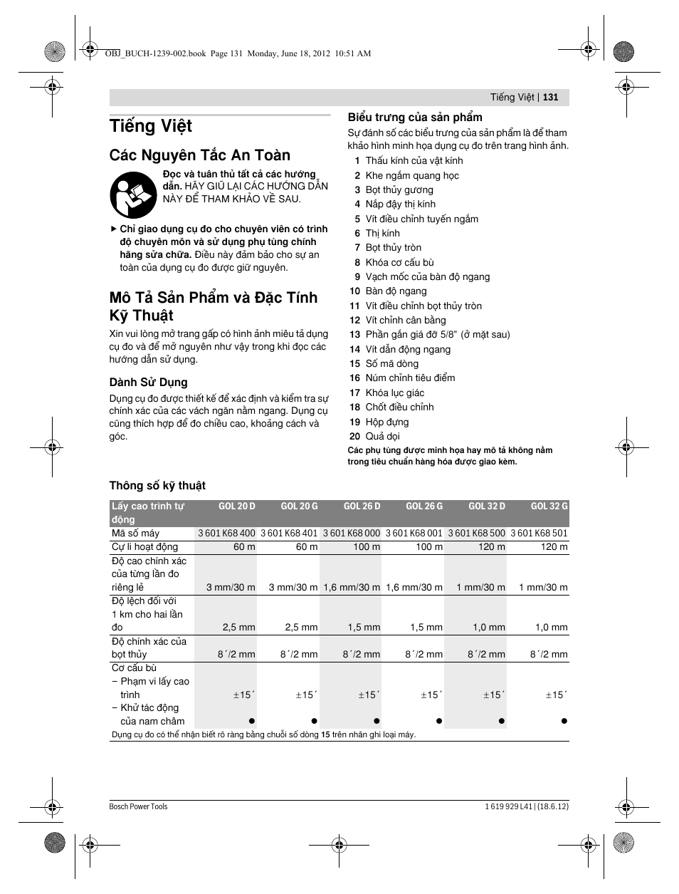 Tiøng vi·t, C¯c nguy›n täc an toμn, Mä tω sωn ph¤m vμ [◊c tflnh kþ thuÿt | Bosch GOL Professional 20 D User Manual | Page 131 / 144