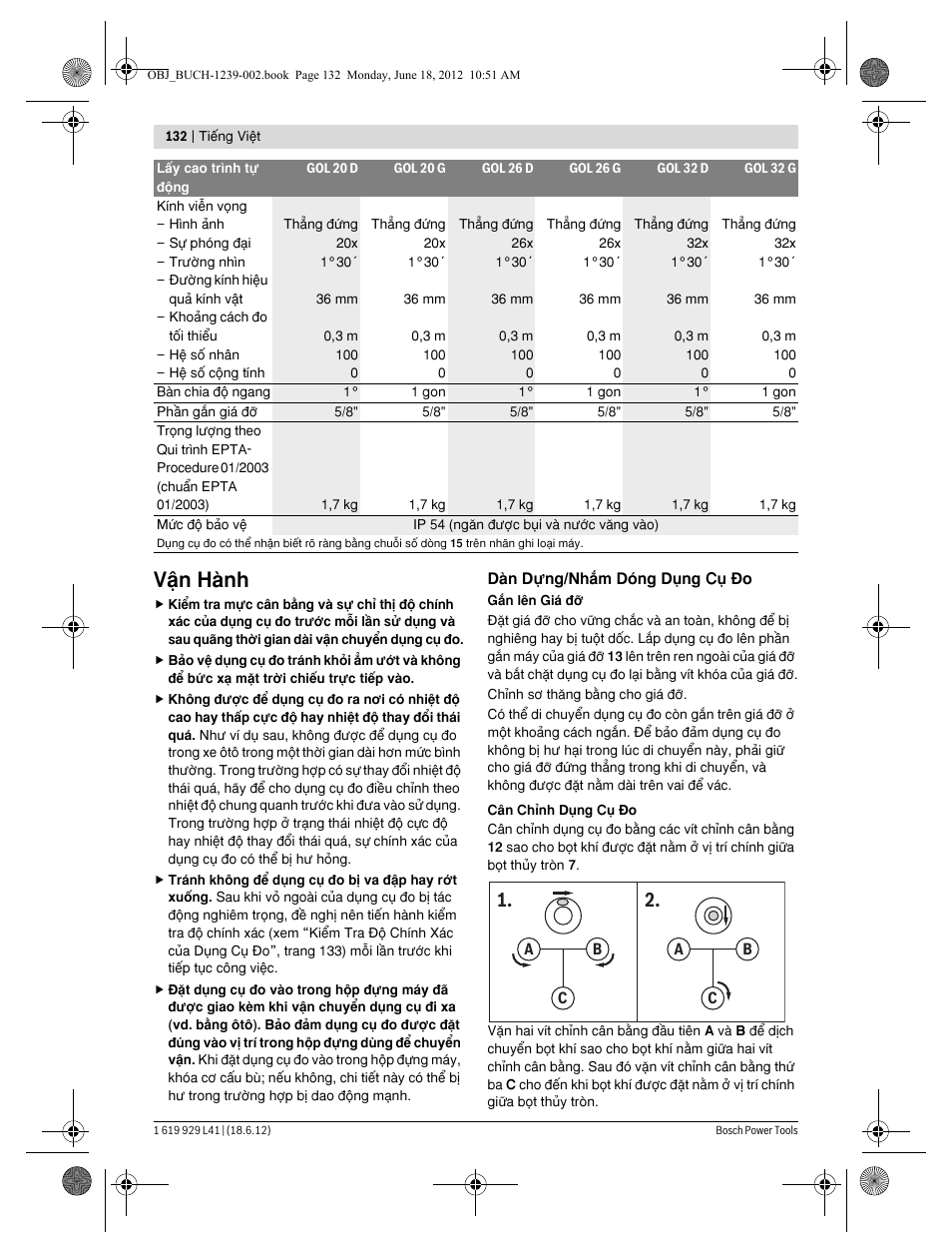 Vÿn hμnh | Bosch GOL Professional 20 D User Manual | Page 132 / 144