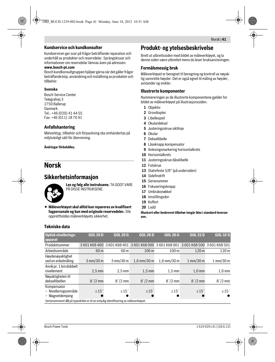 Norsk, Sikkerhetsinformasjon, Produkt- og ytelsesbeskrivelse | Bosch GOL Professional 20 D User Manual | Page 41 / 144