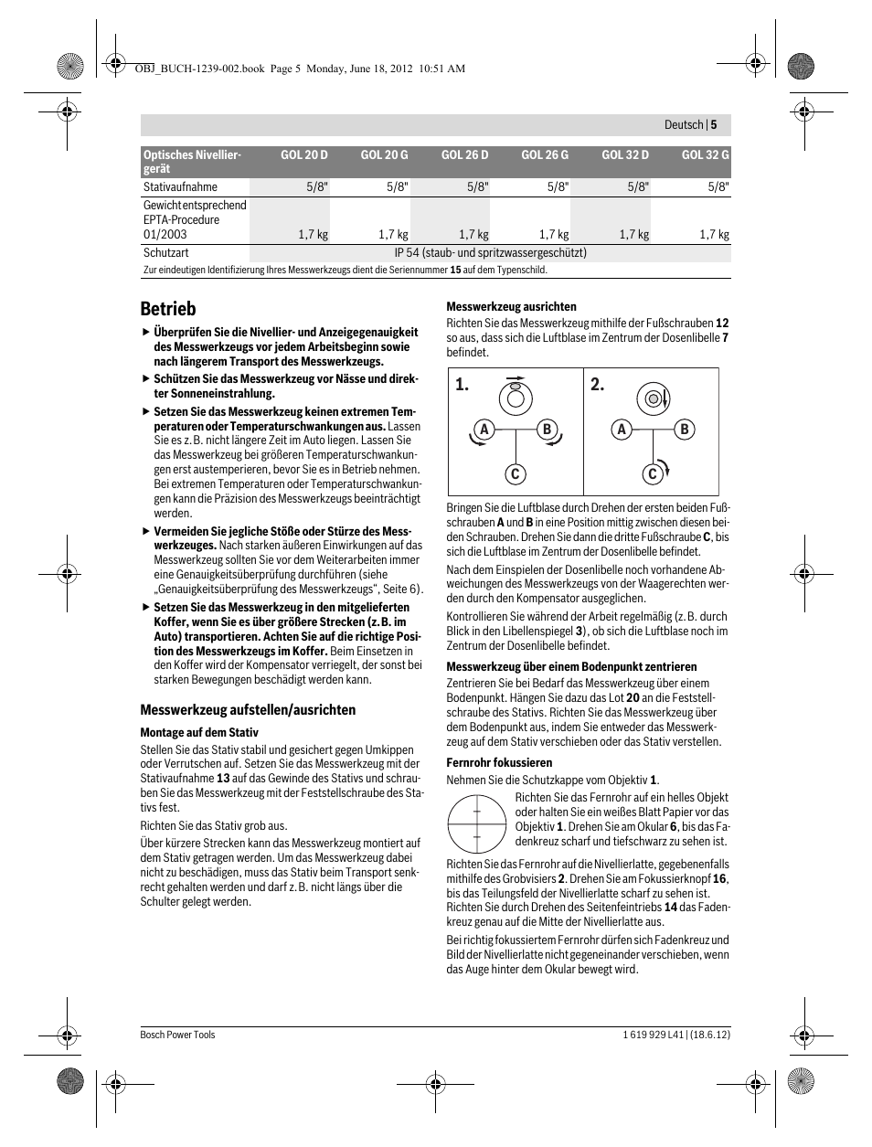 Betrieb | Bosch GOL Professional 20 D User Manual | Page 5 / 144