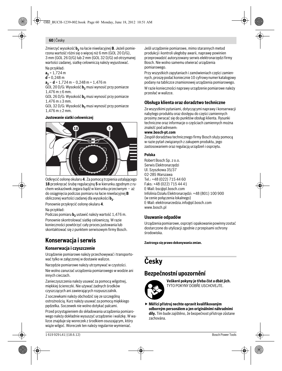 Česky, Konserwacja i serwis, Bezpečnostní upozornění | Bosch GOL Professional 20 D User Manual | Page 60 / 144