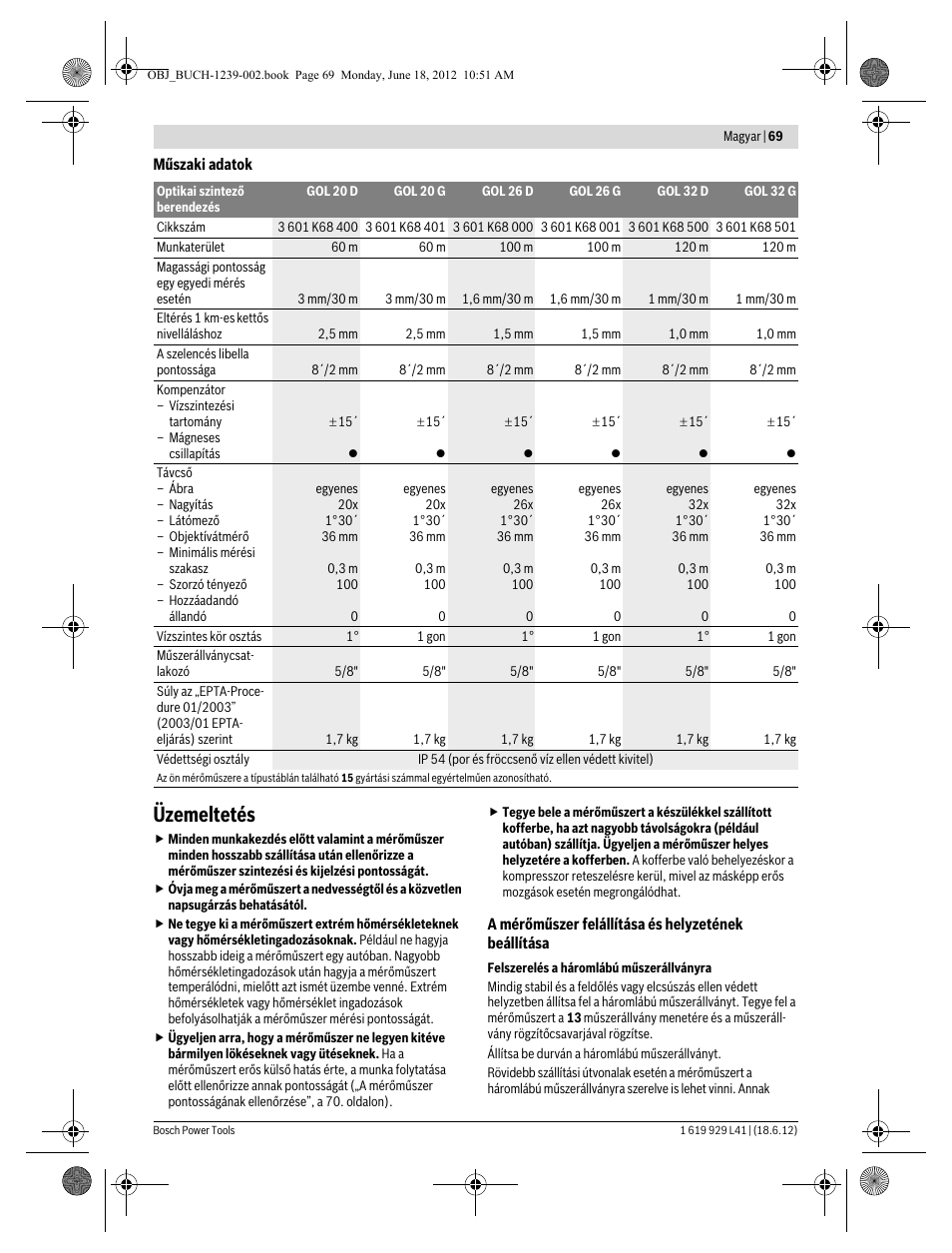 Üzemeltetés | Bosch GOL Professional 20 D User Manual | Page 69 / 144