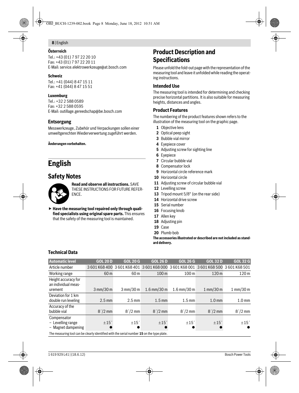 English, Product description and specifications | Bosch GOL Professional 20 D User Manual | Page 8 / 144