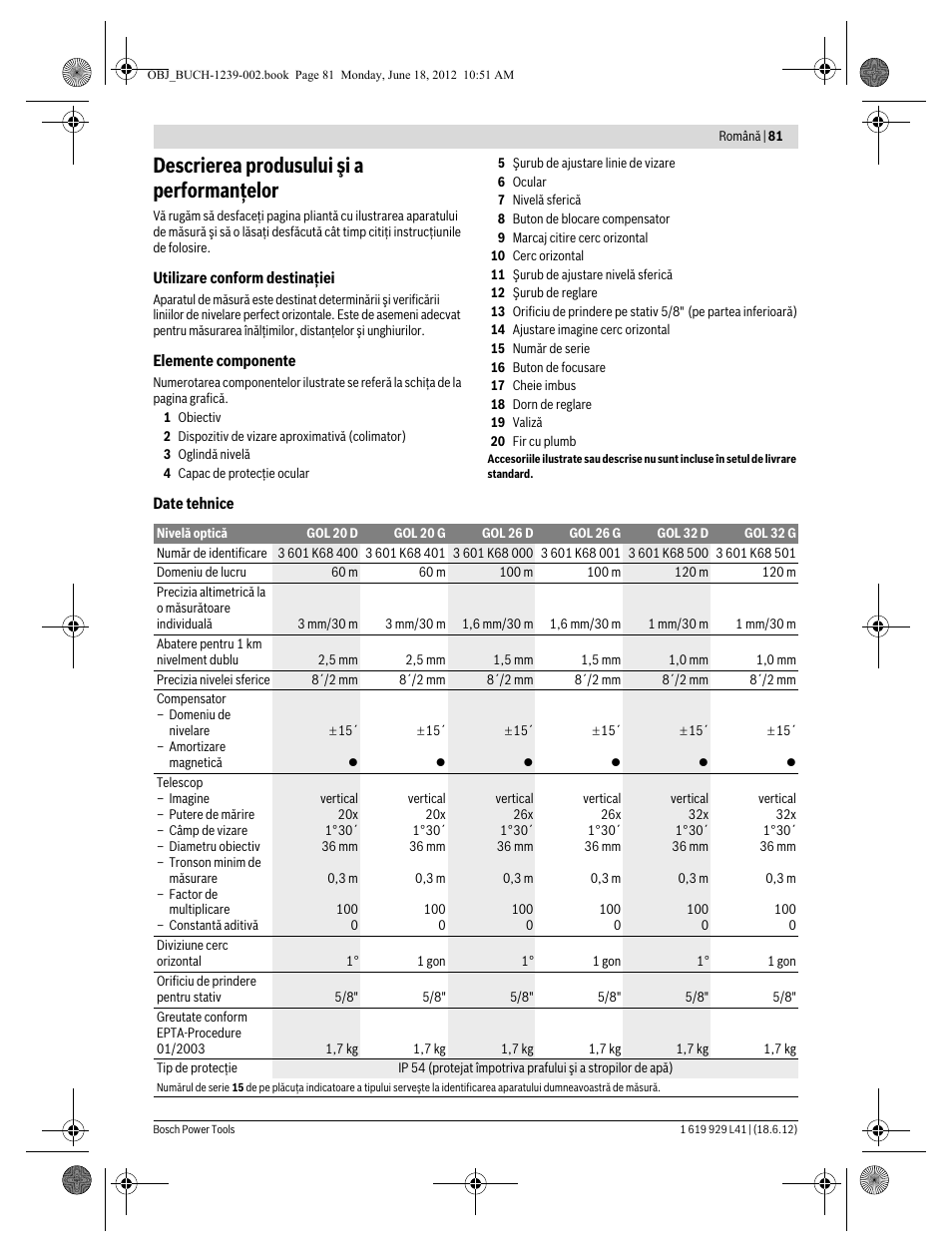 Descrierea produsului şi a performanţelor | Bosch GOL Professional 20 D User Manual | Page 81 / 144