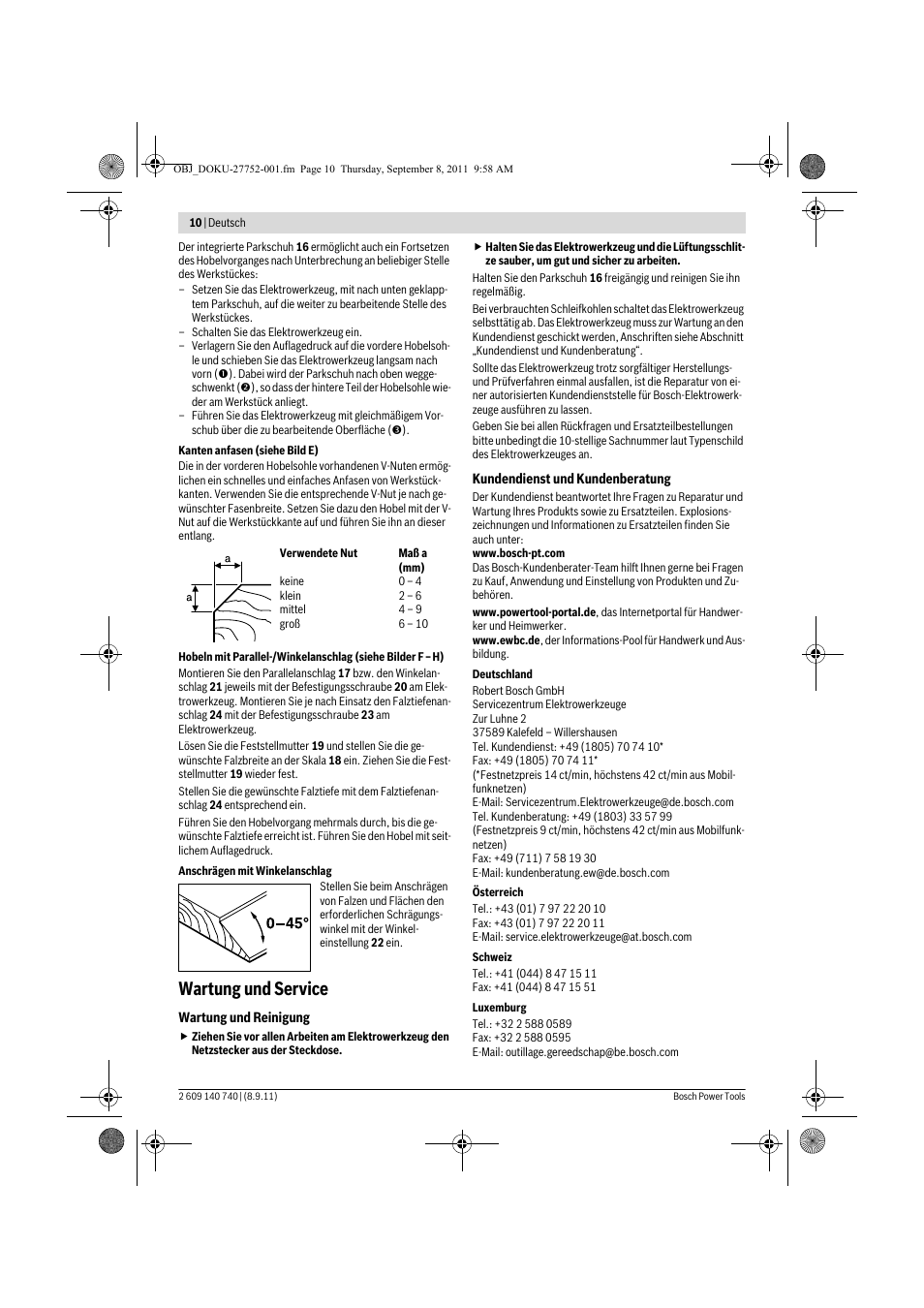 Wartung und service | Bosch GHO 15-82 Professional User Manual | Page 10 / 139