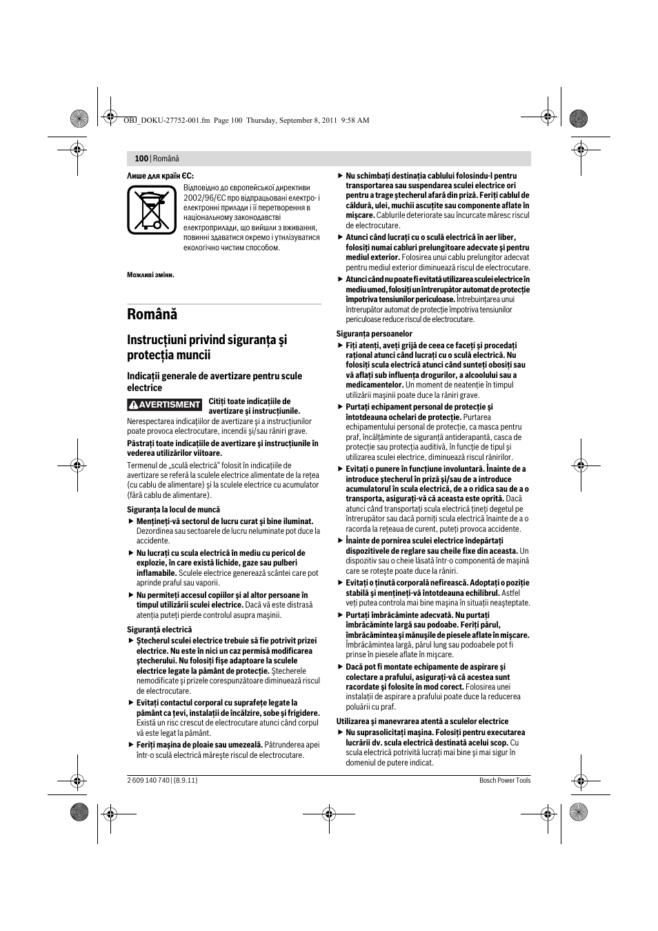 Română, Instrucţiuni privind siguranţa şi protecţia muncii | Bosch GHO 15-82 Professional User Manual | Page 100 / 139