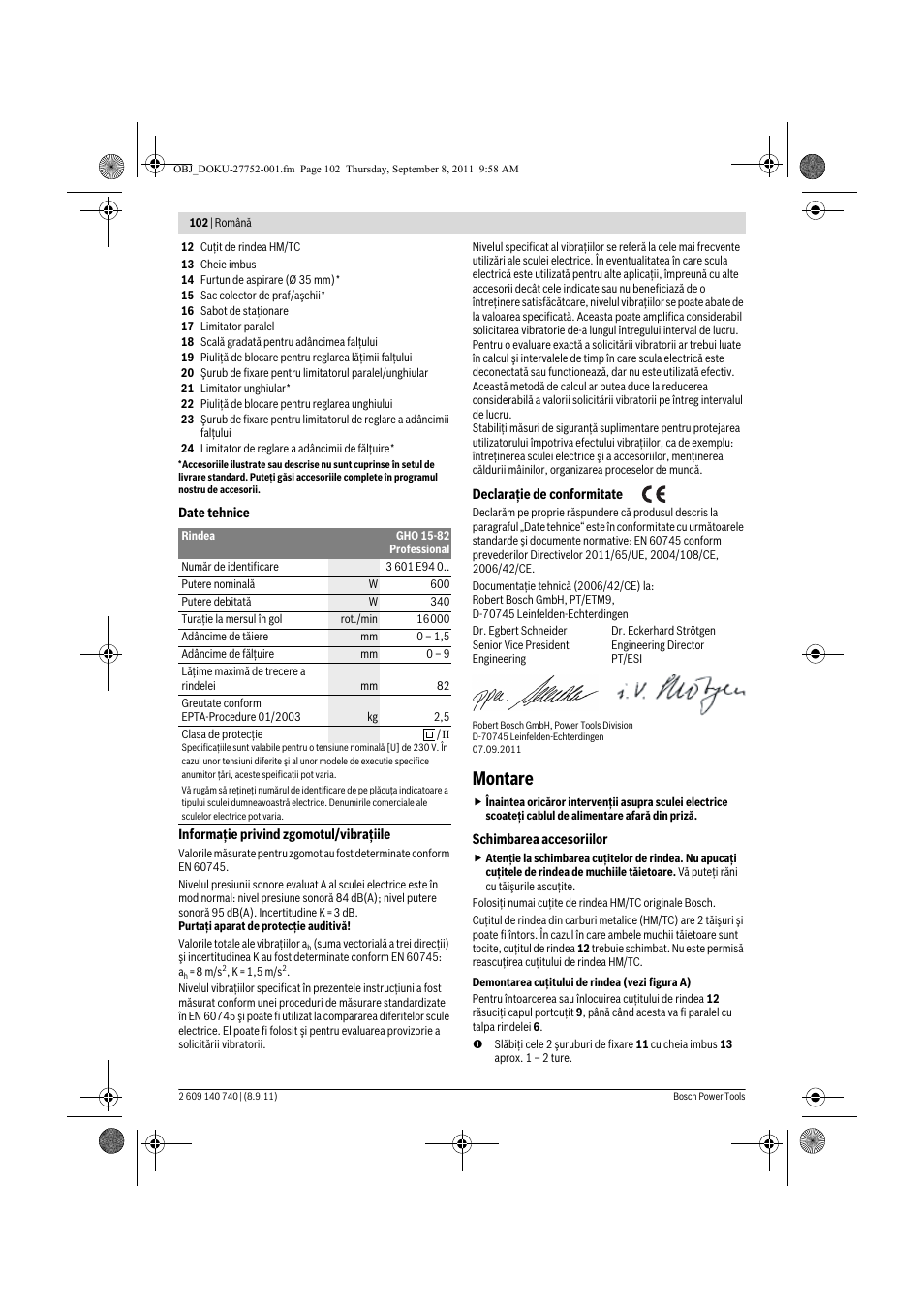 Montare | Bosch GHO 15-82 Professional User Manual | Page 102 / 139