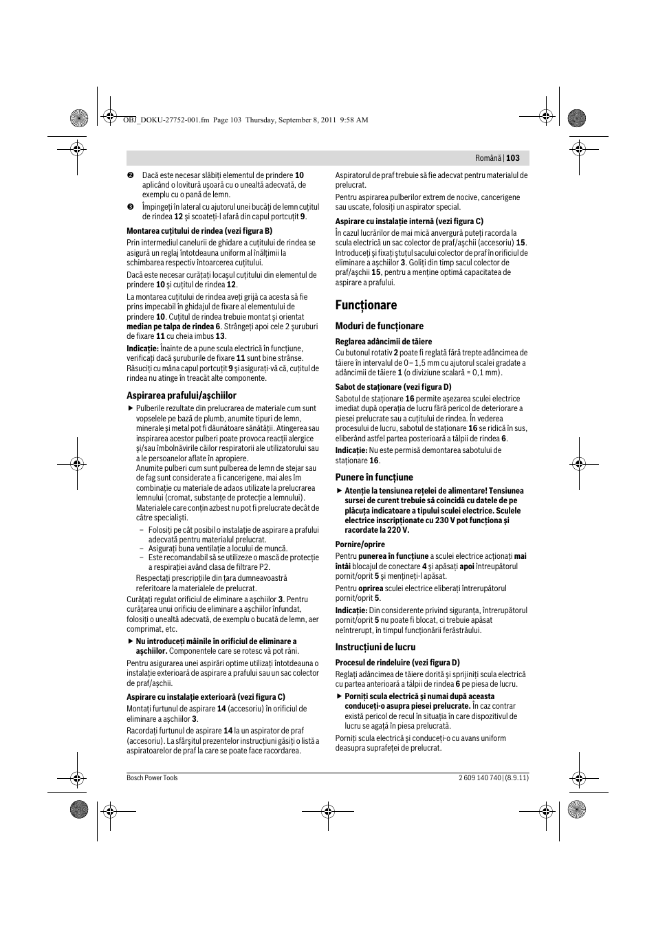 Funcţionare | Bosch GHO 15-82 Professional User Manual | Page 103 / 139