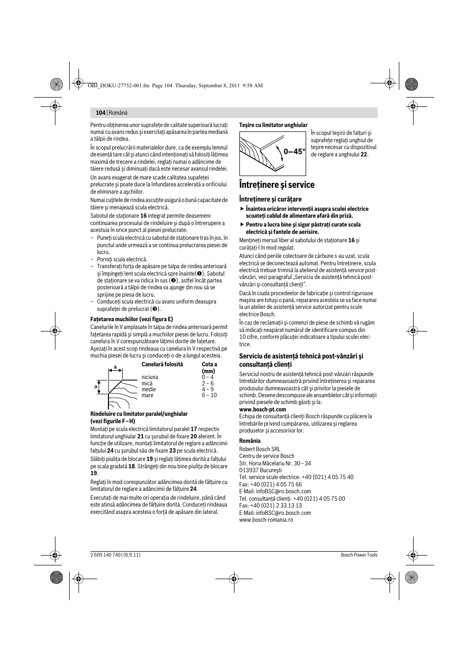 Întreţinere şi service | Bosch GHO 15-82 Professional User Manual | Page 104 / 139