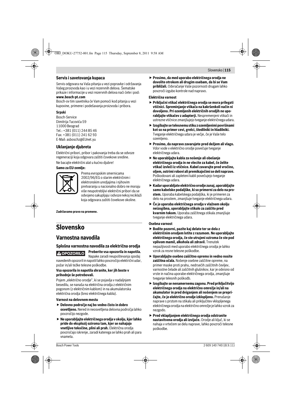 Slovensko, Varnostna navodila | Bosch GHO 15-82 Professional User Manual | Page 115 / 139