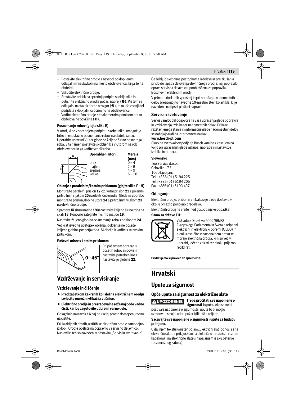 Hrvatski, Vzdrževanje in servisiranje, Upute za sigurnost | Bosch GHO 15-82 Professional User Manual | Page 119 / 139