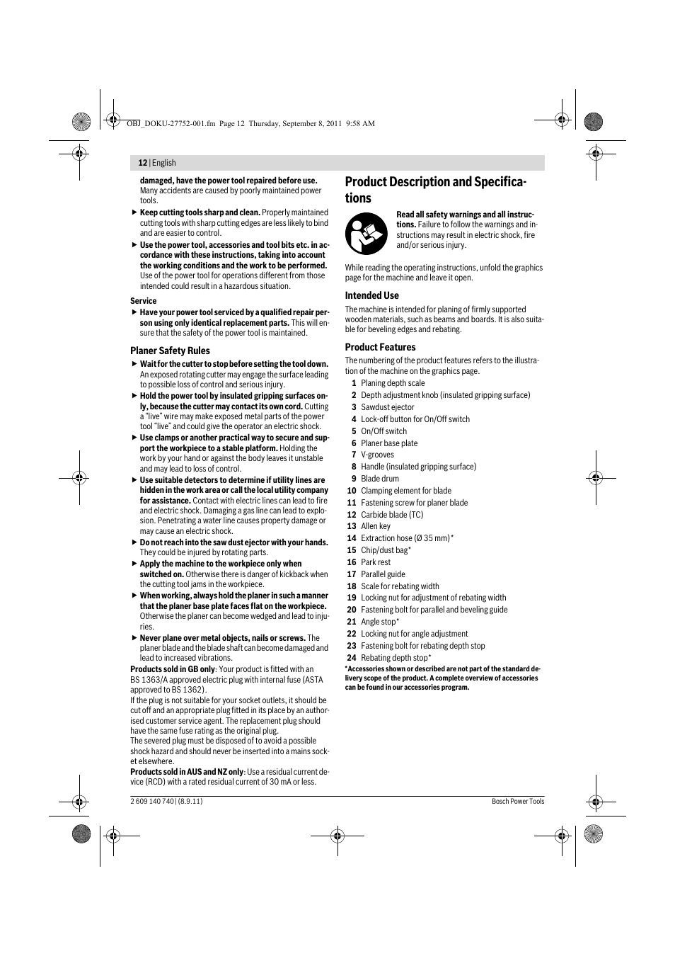 Product description and specifica- tions | Bosch GHO 15-82 Professional User Manual | Page 12 / 139