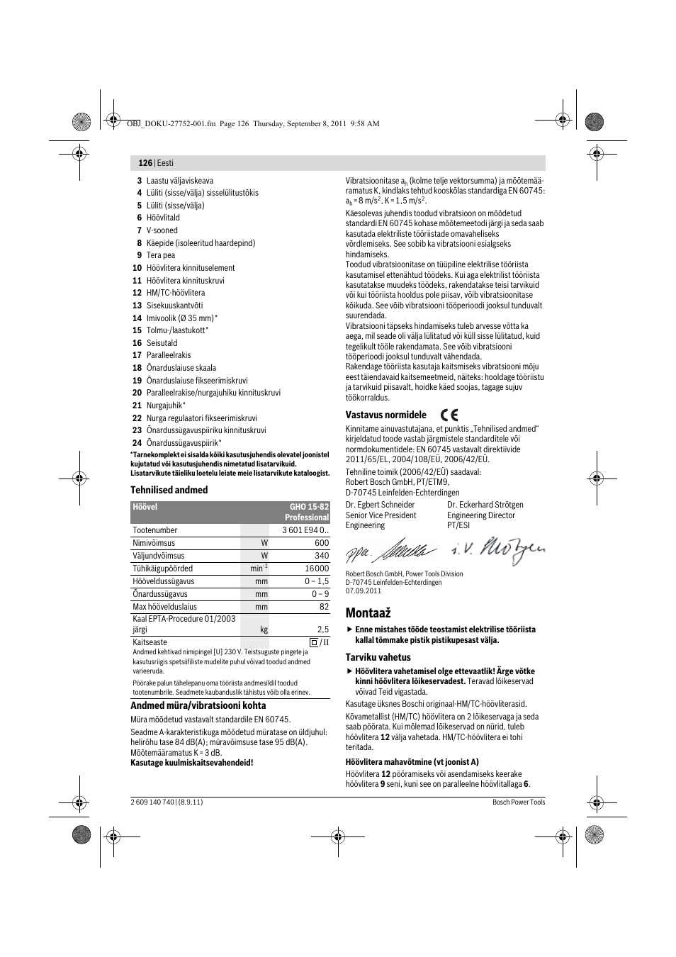 Montaaž | Bosch GHO 15-82 Professional User Manual | Page 126 / 139