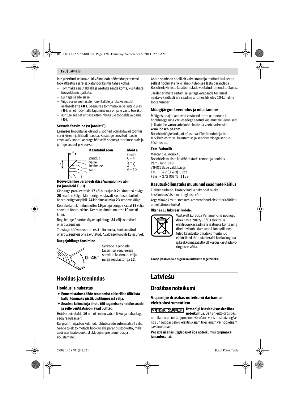 Latviešu, Hooldus ja teenindus | Bosch GHO 15-82 Professional User Manual | Page 128 / 139