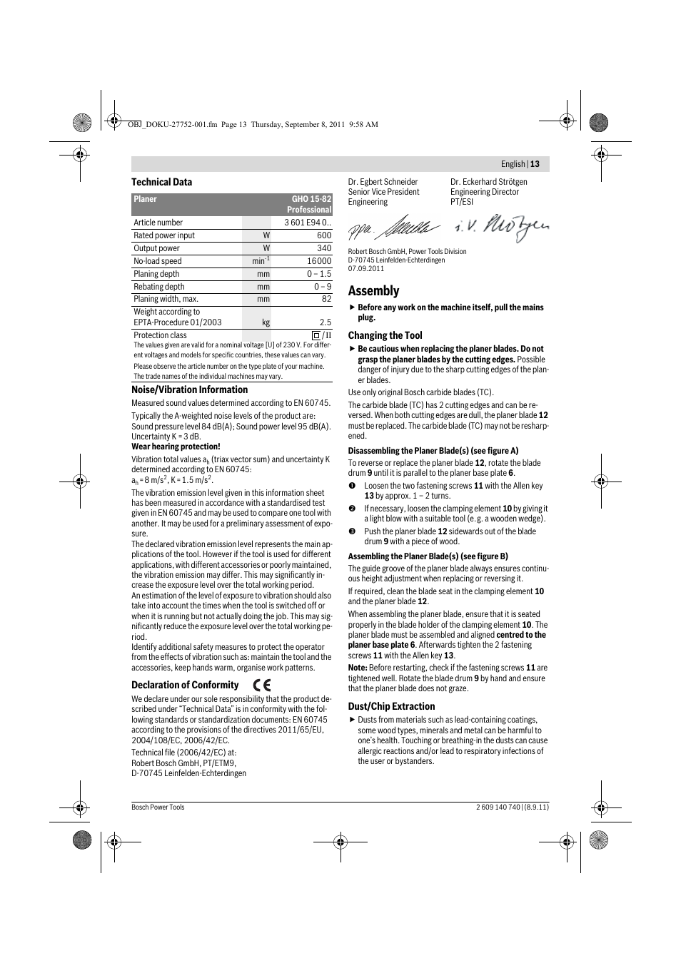 Assembly | Bosch GHO 15-82 Professional User Manual | Page 13 / 139