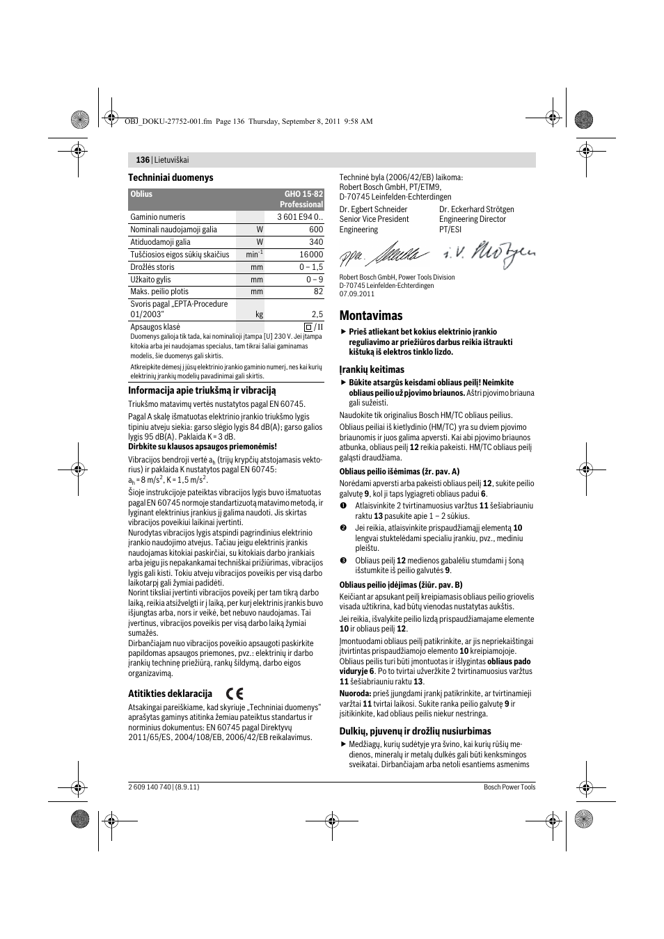 Montavimas | Bosch GHO 15-82 Professional User Manual | Page 136 / 139