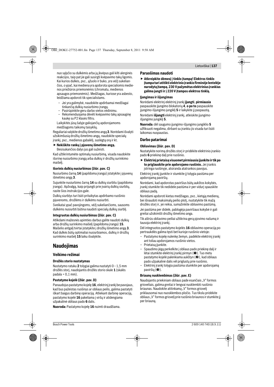 Naudojimas | Bosch GHO 15-82 Professional User Manual | Page 137 / 139