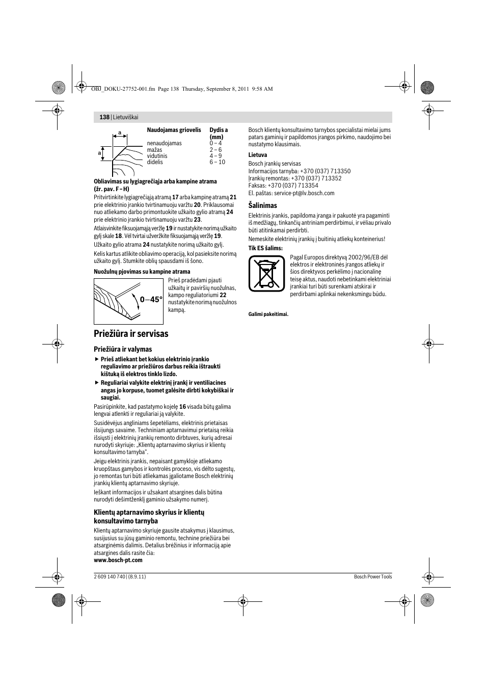 Priežiūra ir servisas | Bosch GHO 15-82 Professional User Manual | Page 138 / 139