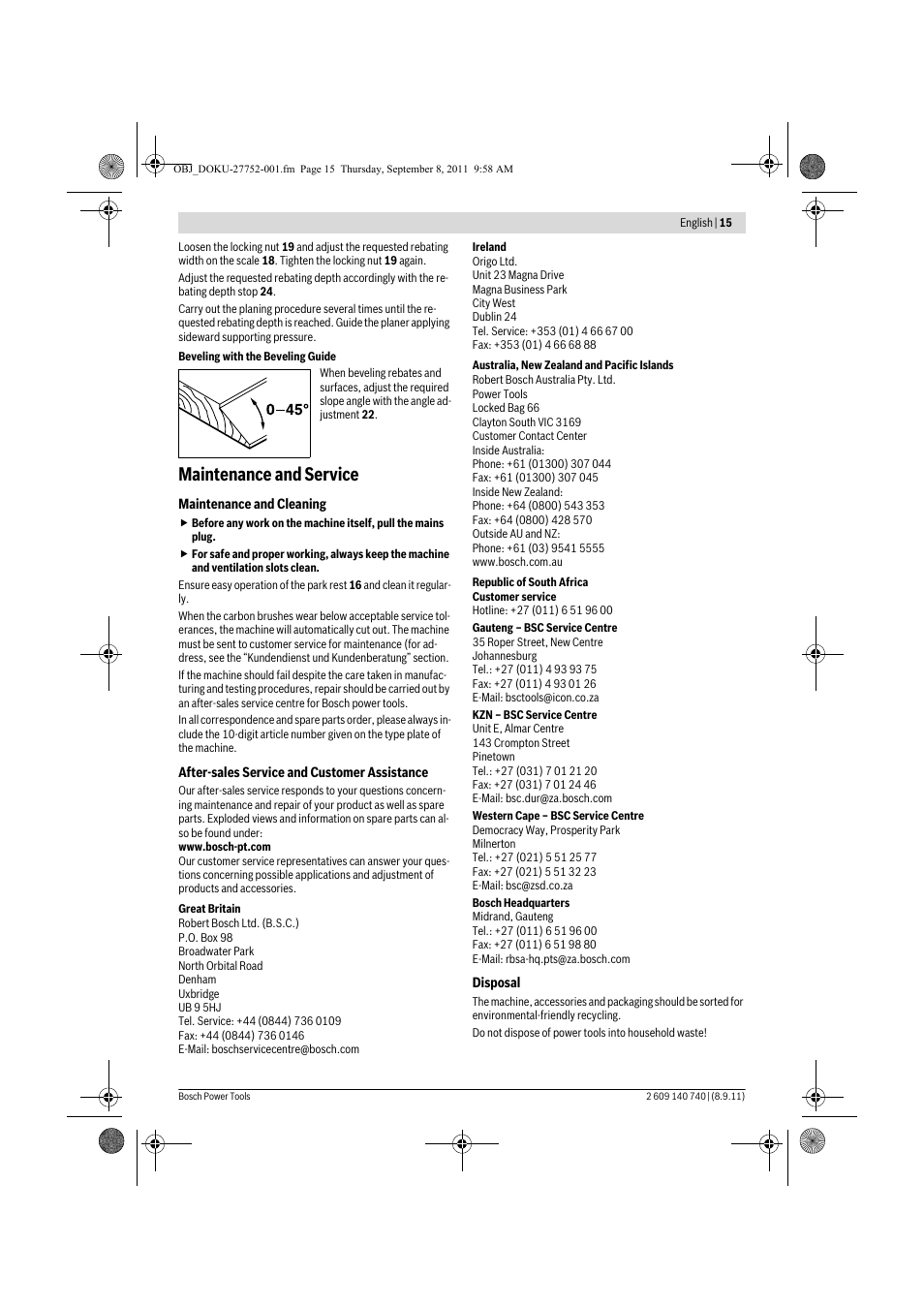 Maintenance and service | Bosch GHO 15-82 Professional User Manual | Page 15 / 139