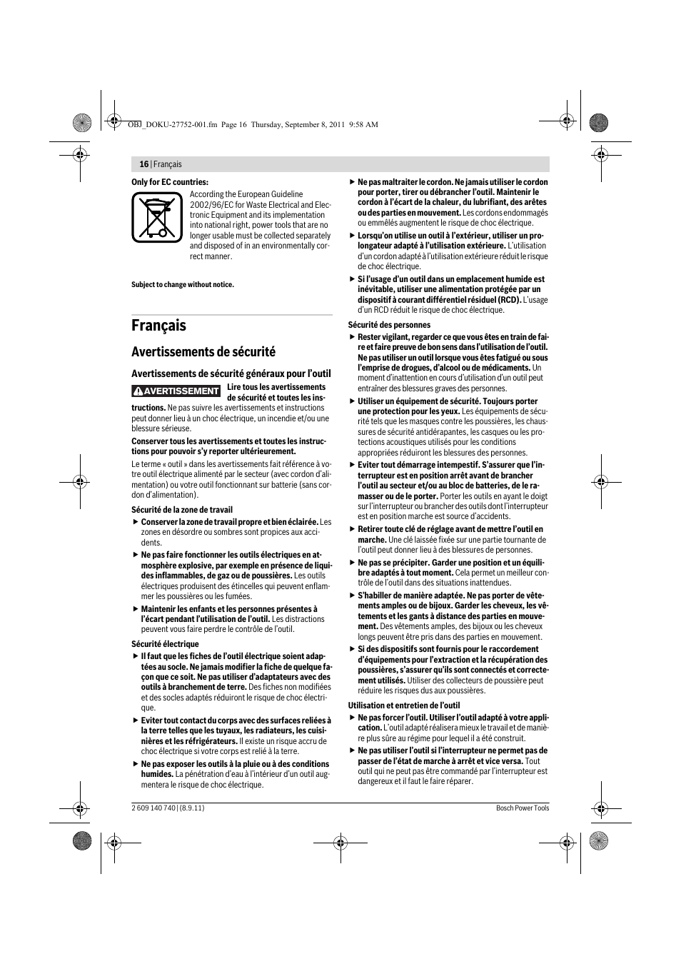 Français, Avertissements de sécurité | Bosch GHO 15-82 Professional User Manual | Page 16 / 139