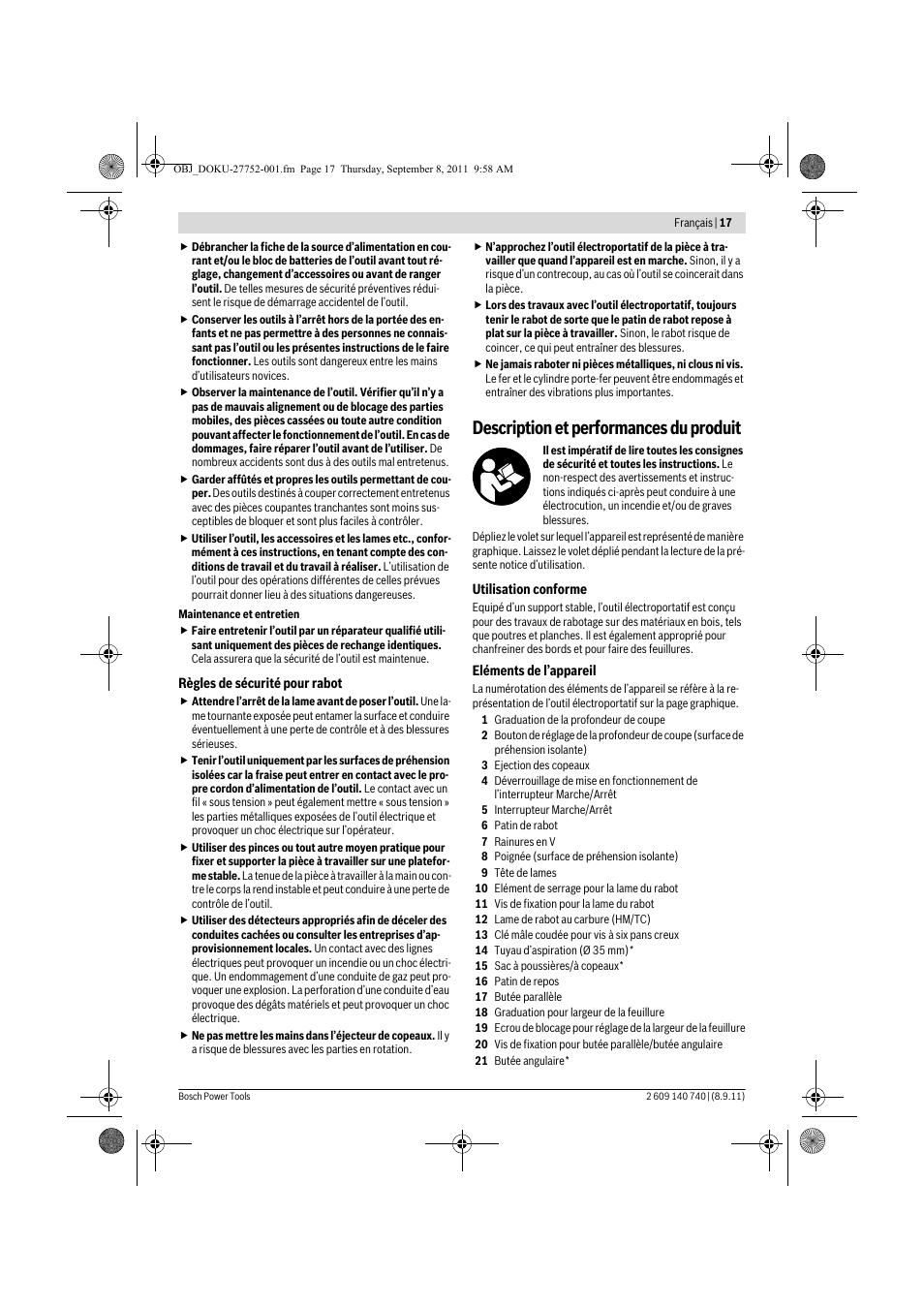 Description et performances du produit | Bosch GHO 15-82 Professional User Manual | Page 17 / 139