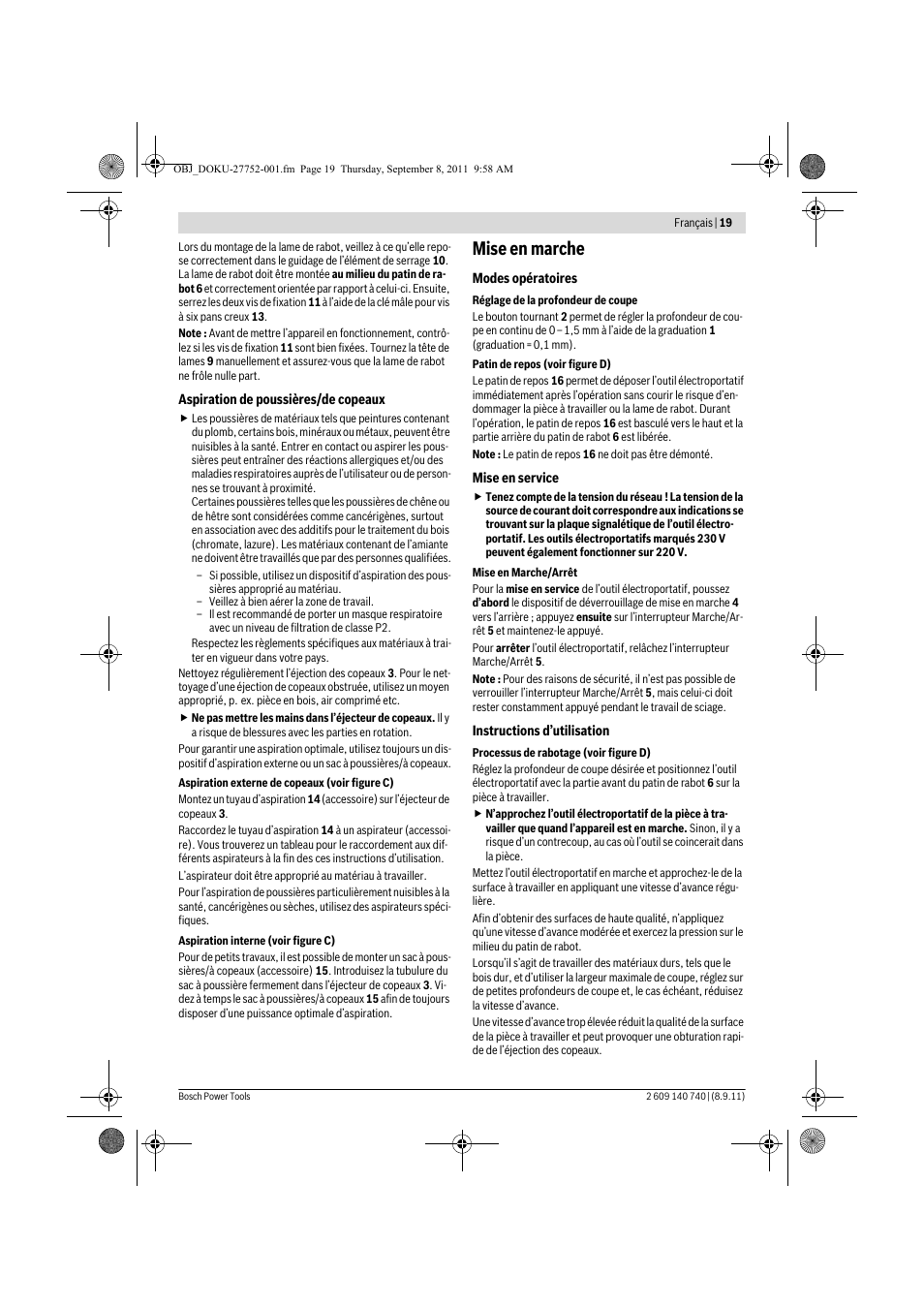 Mise en marche | Bosch GHO 15-82 Professional User Manual | Page 19 / 139
