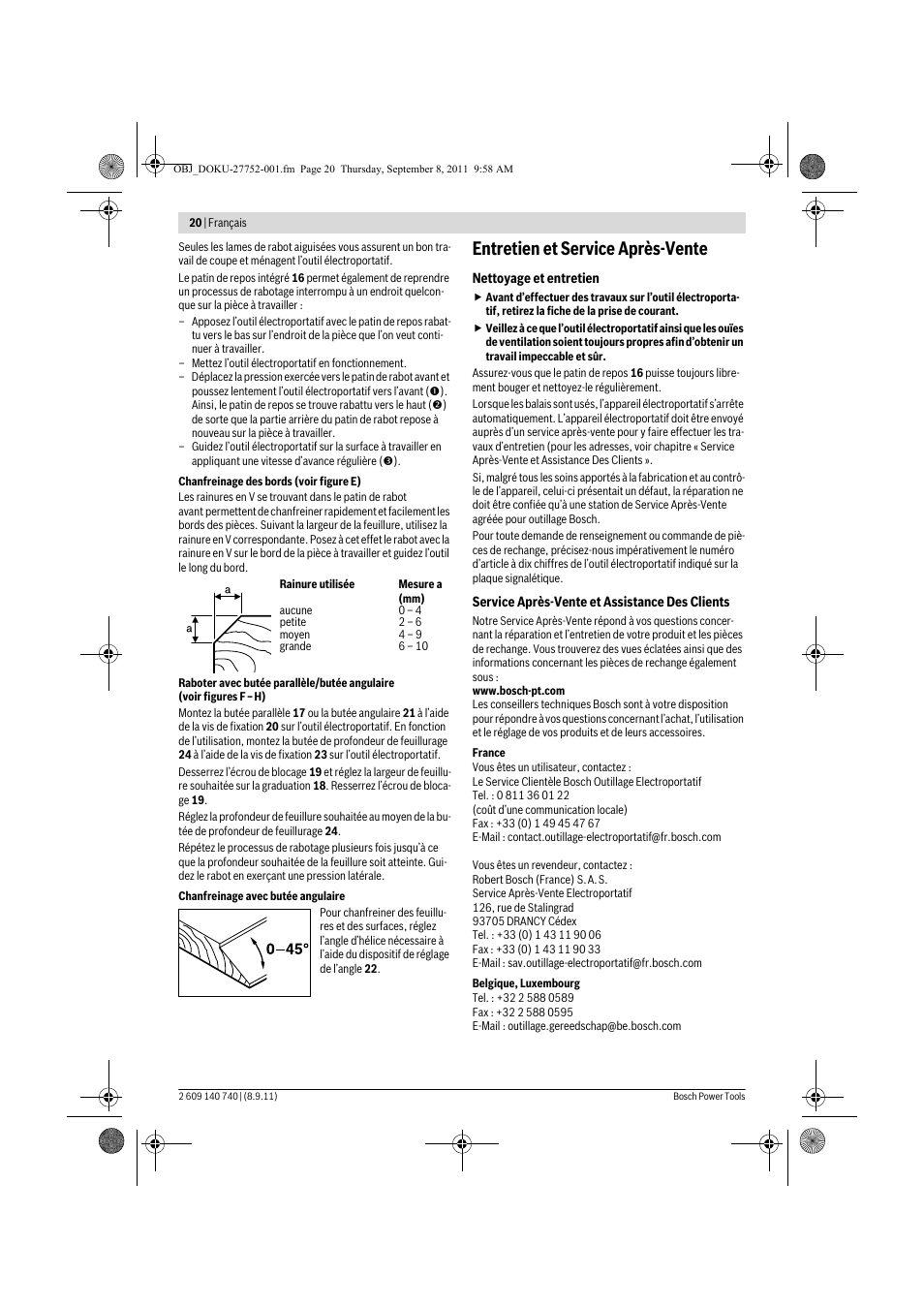 Entretien et service après-vente | Bosch GHO 15-82 Professional User Manual | Page 20 / 139